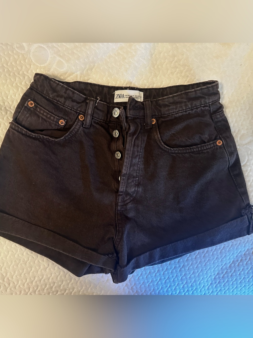 Zara Washed Black Rolled-Hem Denim Shorts